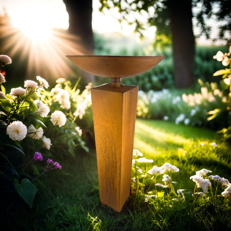 Säule quadratisch mit runder Schale aus Metall mit Edelrost zum Bepflanzen Blumenschale  Rost in drei Größen