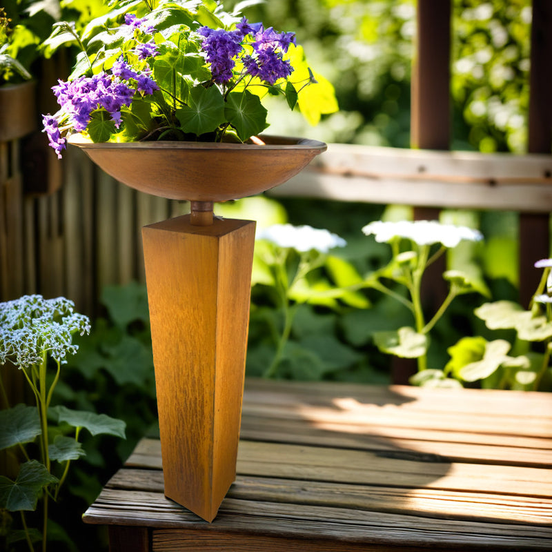 Säule quadratisch mit runder Schale aus Metall mit Edelrost zum Bepflanzen Blumenschale  Rost in drei Größen