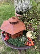 Gartendeko Vogelhaus sechseckig Haus Windlicht zum Stellen oder Hängen mit Ring Metall Rost Deko H/B: 22/18 cm