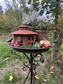 Gartendeko Vogelhaus sechseckig Haus Windlicht zum Stellen oder Hängen mit Ring Metall Rost Deko H/B: 22/18 cm