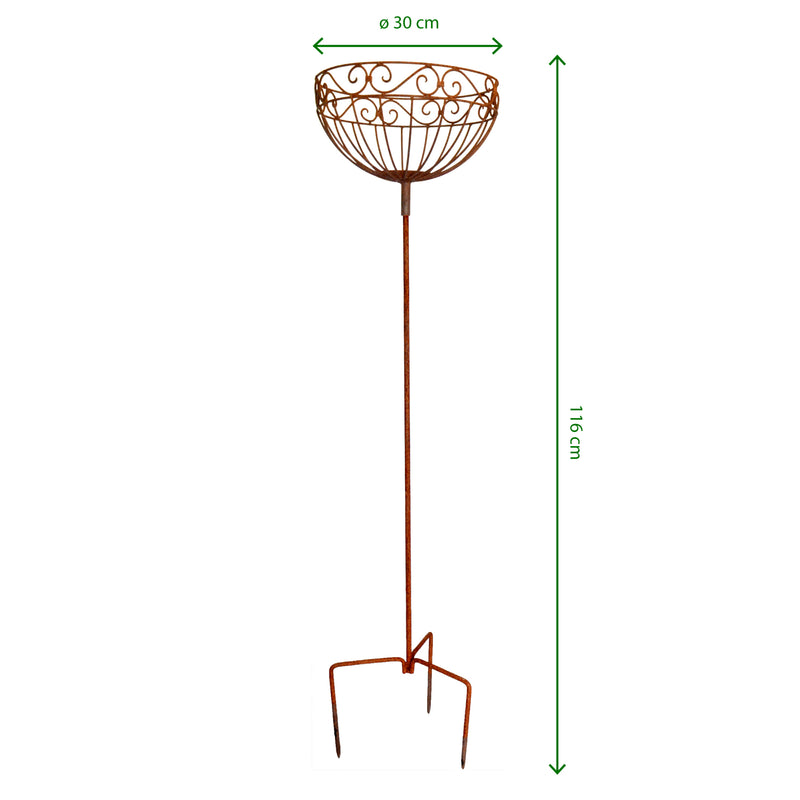 Pflanzschale Pflanzkorb Blumenschale auf Stab Blumentopfständer Pflanzgefäß rund Metall Eisen verrostet mit 3 Spießen 116cm hoch 30cm Durchmesser
