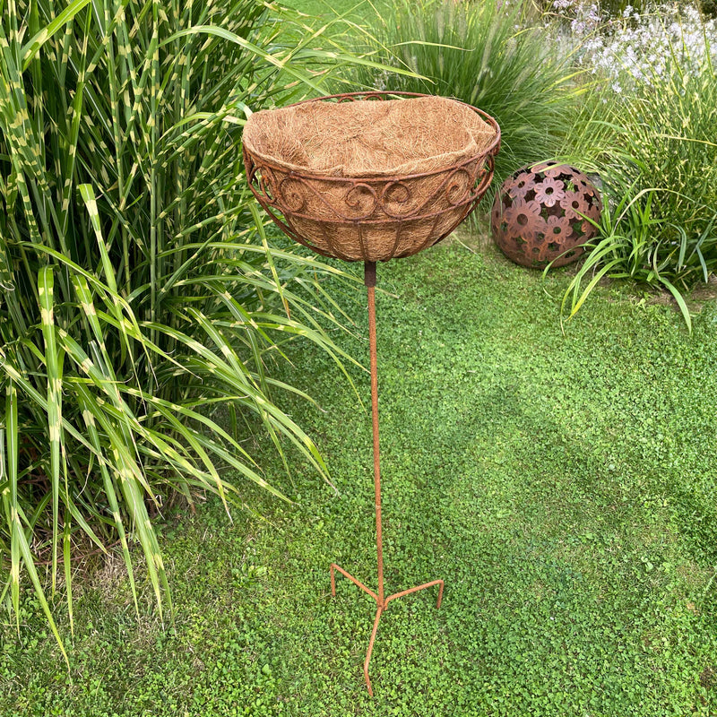 Pflanzschale Pflanzkorb Blumenschale auf Stab Blumentopfständer Pflanzgefäß rund Metall Eisen verrostet mit 3 Spießen 116cm hoch 30cm Durchmesser
