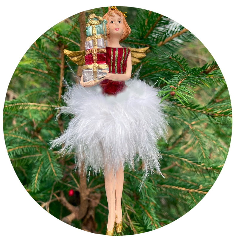Christbaumschmuck Figur Engel rot-gold mit Geschenken und Federrock Anhänger Weihnachten Baumschmuck 13,5cm