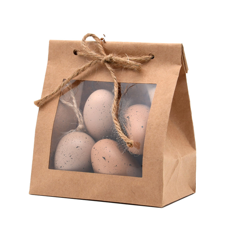 Ostereier Eier aus Kunststoff zum Aufhängen mit Federn 6-er Set gesprenkelt sortiert mit Schnur Dekoeier Plastikeier Ostern Deko braun weiß