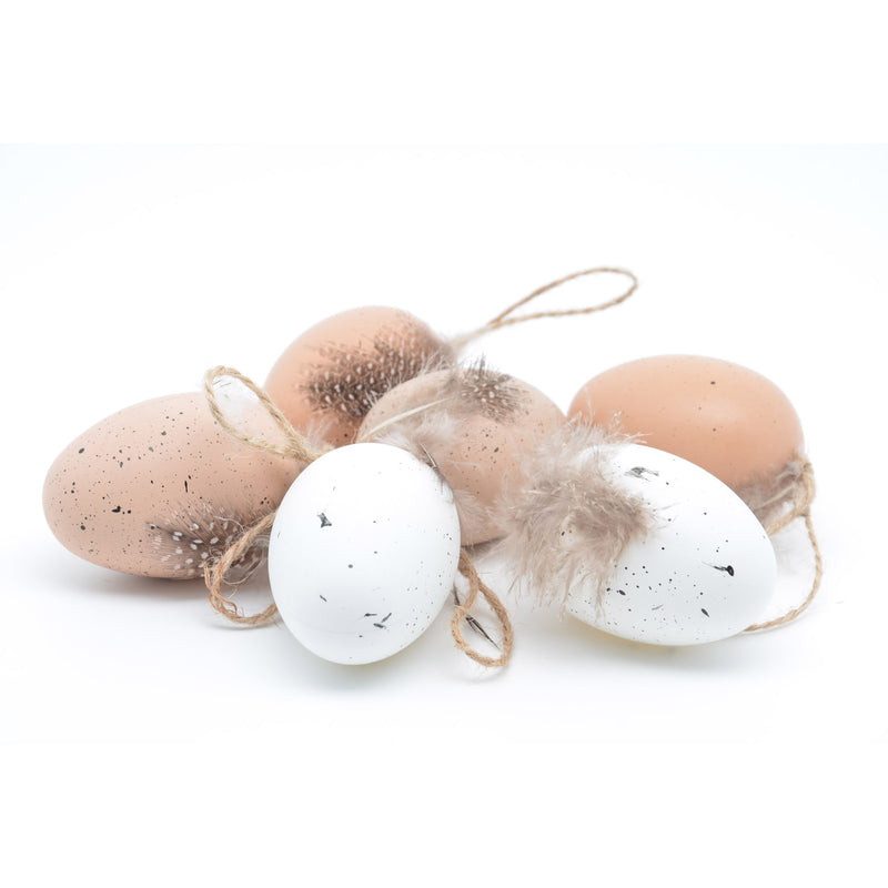 Ostereier Eier aus Kunststoff zum Aufhängen mit Federn 6-er Set gesprenkelt sortiert mit Schnur Dekoeier Plastikeier Ostern Deko braun weiß