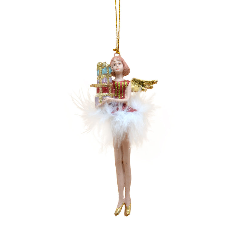 Christbaumschmuck Figur Engel rot-gold mit Geschenken und Federrock Anhänger Weihnachten Baumschmuck 13,5cm