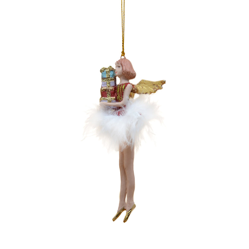 Christbaumschmuck Figur Engel rot-gold mit Geschenken und Federrock Anhänger Weihnachten Baumschmuck 13,5cm