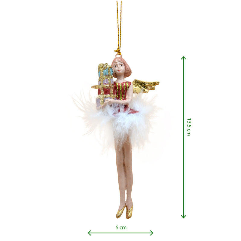 Christbaumschmuck Figur Engel rot-gold mit Geschenken und Federrock Anhänger Weihnachten Baumschmuck 13,5cm