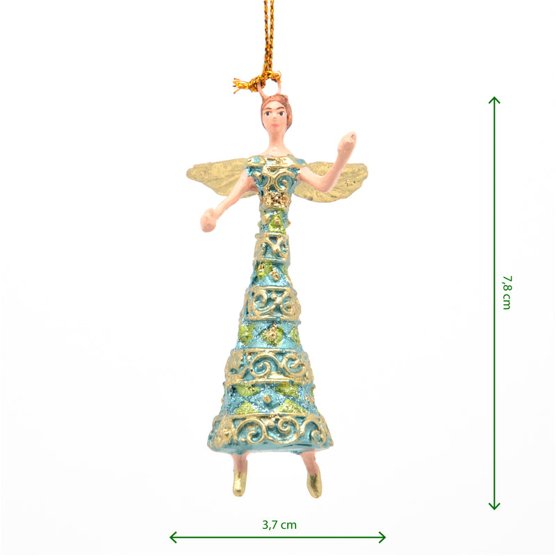 Kleiner Engel mit langem Kleid Musikengel mini Weihnachten Deko Hänger Christbaumschmuck 8 cm türkis-grün