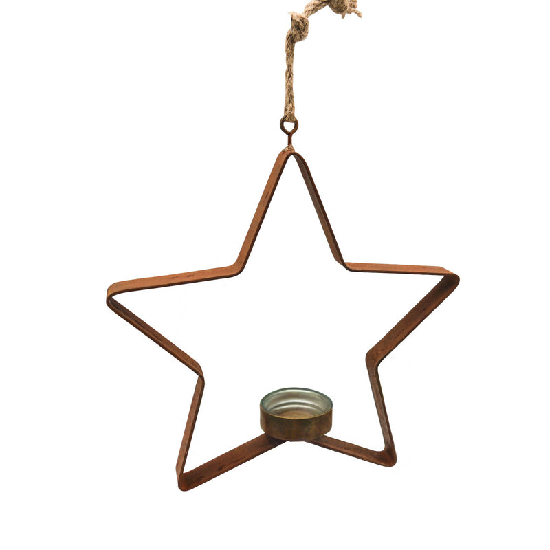 Weihnachtsdeko Stern aus Rost mit Teller für Teelichthalter zum Aufhängen mit Schnur Metallstern 17cm Durchmesser
