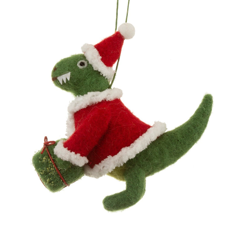 Christbaumschmuck Deko Hänger Filz Dino mit Weihnachtsmütze und Geschenk grün rot weich B/H: 15cm/15cm leicht Weihnachten