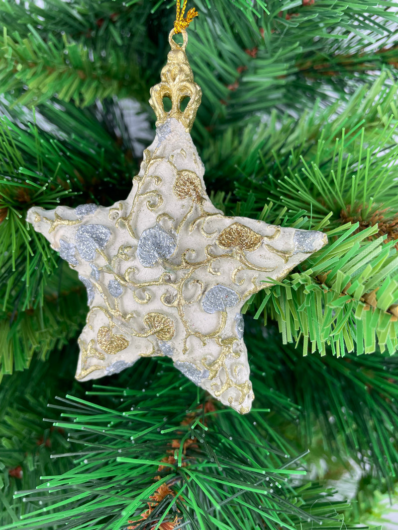 Christbaumschmuck Baumschmuck Stern Weihnachtsbaum Weihnachten Hänger Ranken creme-weiß silber gold 9cm