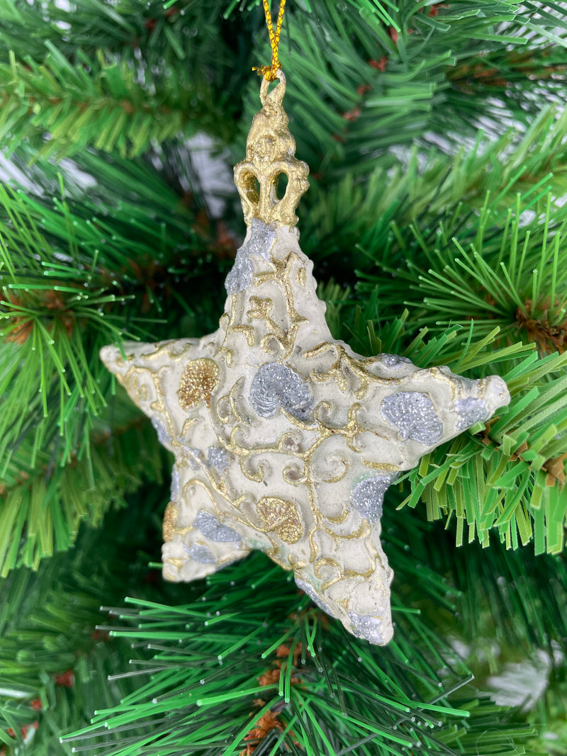 Christbaumschmuck Baumschmuck Stern Weihnachtsbaum Weihnachten Hänger Ranken creme-weiß silber gold 9cm