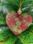 Christbaumschmuck Figur Deko Herz breit rot-grün-gold blumig Weihnachten Handarbeit 10,5cm hoch