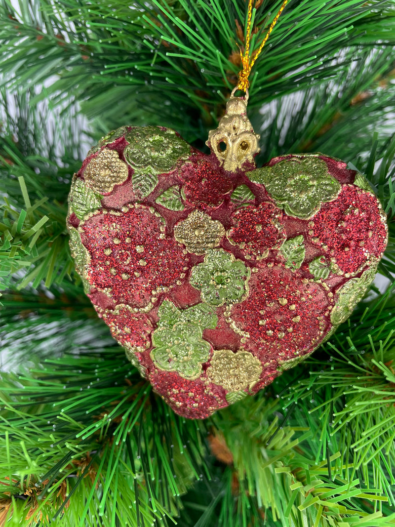Christbaumschmuck Figur Deko Herz breit rot-grün-gold blumig Weihnachten Handarbeit 10,5cm hoch