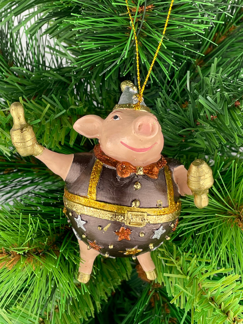 Christbaumschmuck Figur Schwein Sportler fitnessstudio handbemalt Weihnachten Baumschmuck Deko Hänger Christbaumschmuck 10 cm (braun-gold)
