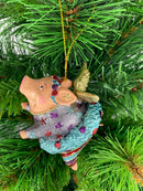 Christbaumschmuck Figur "Schwein mit Flügeln" Hänger blau-rot-lila-gold Weihnachten 10cm