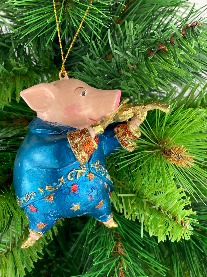 Christbaumschmuck Figur Schwein Musikant Musiker Musikinstrumente handbemalt Weihnachten Baumschmuck Deko Hänger Christbaumschmuck 12 cm (blau)