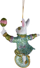 Hase auf Rad pastellblau grün gold Deko Hänger Ostern handbemalt Baumschmuck 12 cm