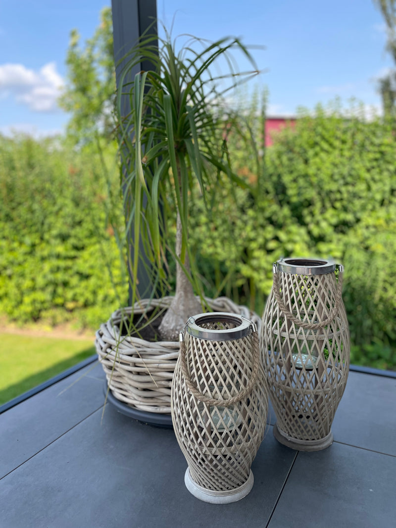Bambuslaterne Laterne Kerzenhalter Garten Outdoor Indoor mit Glas und Kordel in drei Größen