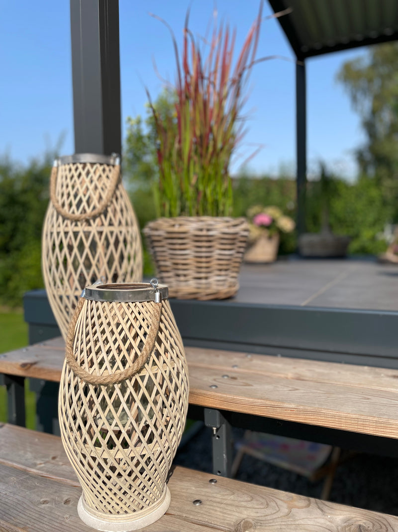 Bambuslaterne Laterne Kerzenhalter Garten Outdoor Indoor mit Glas und Kordel in drei Größen