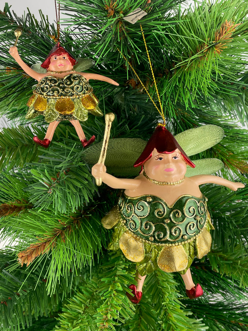 Pummelelfe Baumschmuck Figur "Dicke Elfe" Fee grün-gold Hänger Ostern Frühling Weihnachten 15cm