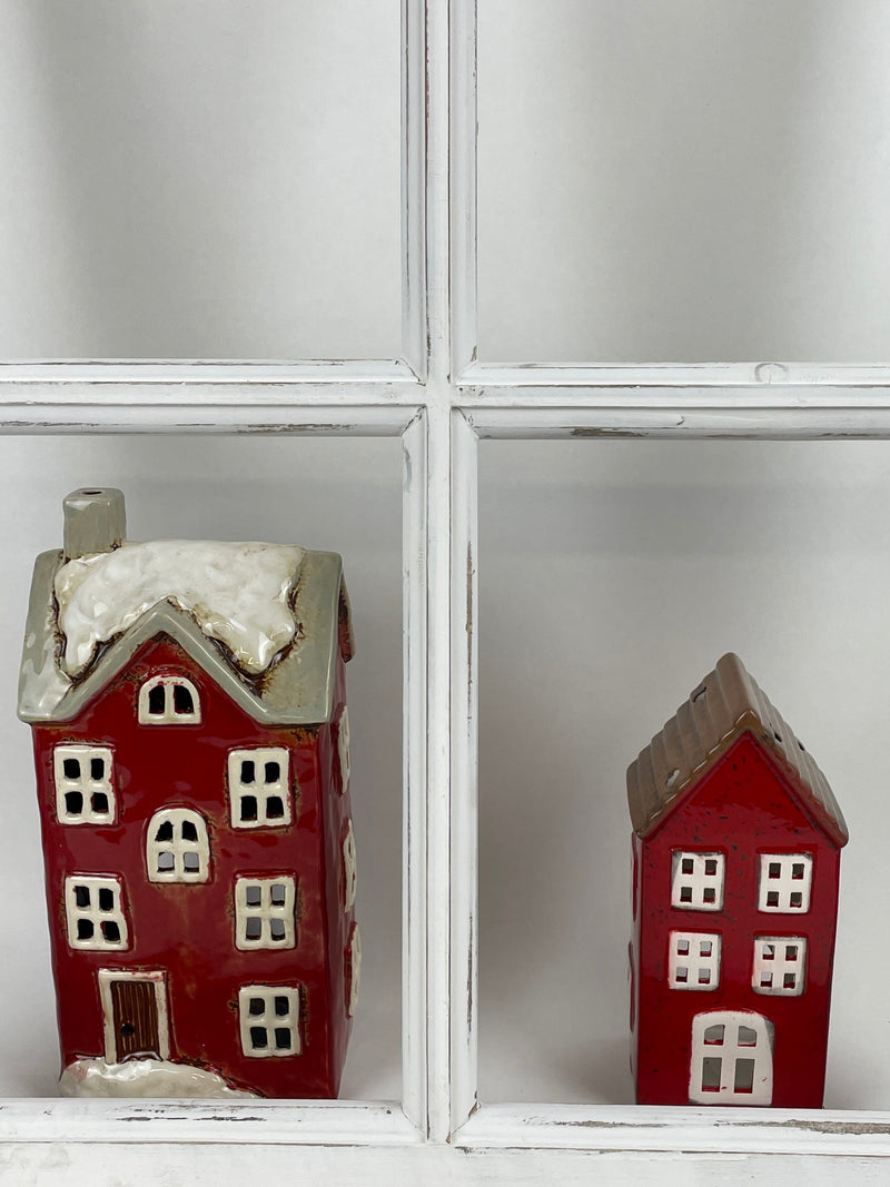 Haus Keramikhaus Windlicht Keramik Dekoration Häuschen Weihnachten rot / weiß B/T/H: 12 x 9,5 x 25cm