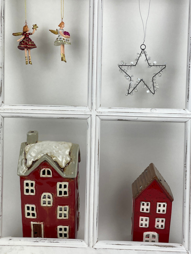 Haus Keramikhaus Windlicht Keramik Dekoration Häuschen Weihnachten rot / weiß B/T/H: 12 x 9,5 x 25cm