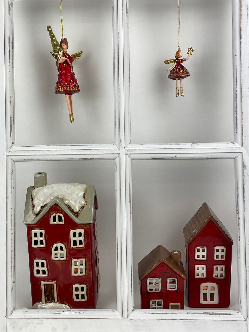 Haus Keramikhaus Windlicht Keramik Dekoration Häuschen Weihnachten rot / weiß B/T/H: 12 x 9,5 x 25cm