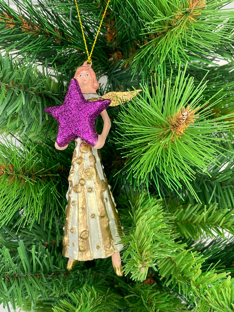 Christbaumschmuck Figur Engel creme-gold mit lila-Stern Anhänger Ornament Baumschmuck Weihnachten 14cm