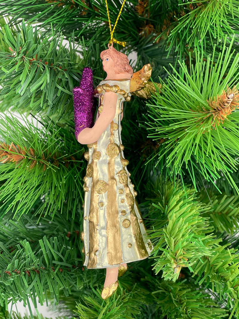 Christbaumschmuck Figur Engel creme-gold mit lila-Stern Anhänger Ornament Baumschmuck Weihnachten 14cm