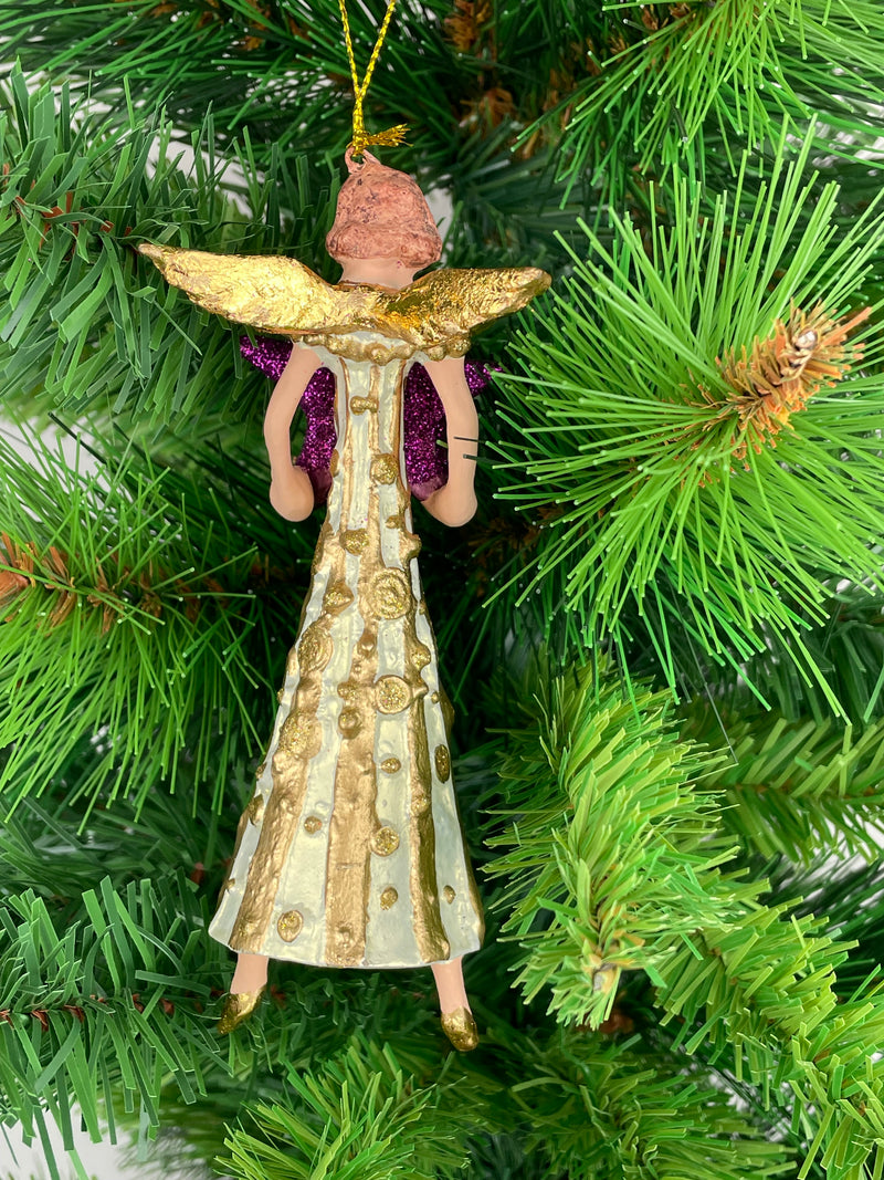 Christbaumschmuck Figur Engel creme-gold mit lila-Stern Anhänger Ornament Baumschmuck Weihnachten 14cm