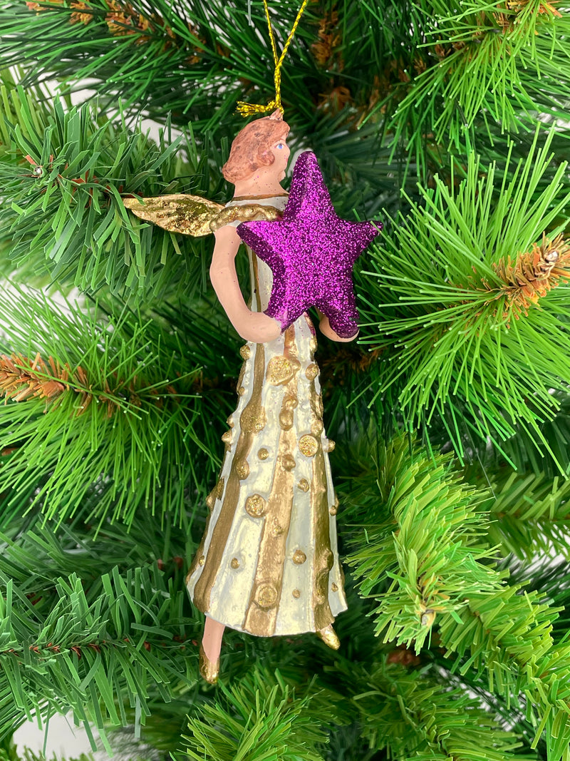 Christbaumschmuck Figur Engel creme-gold mit lila-Stern Anhänger Ornament Baumschmuck Weihnachten 14cm