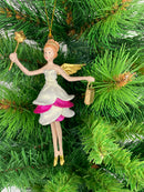 Christbaumschmuck Engel mit goldenem Stern und Tasche in einem pink-weißen Kleid 16 cm