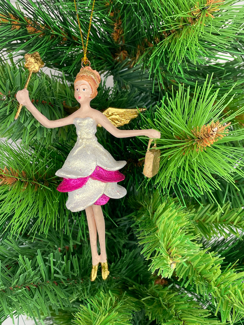 Christbaumschmuck Engel mit goldenem Stern und Tasche in einem pink-weißen Kleid 16 cm