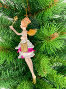 Christbaumschmuck Engel mit goldenem Stern und Tasche in einem pink-weißen Kleid 16 cm