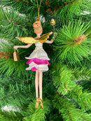 Christbaumschmuck Engel mit goldenem Stern und Tasche in einem pink-weißen Kleid 16 cm