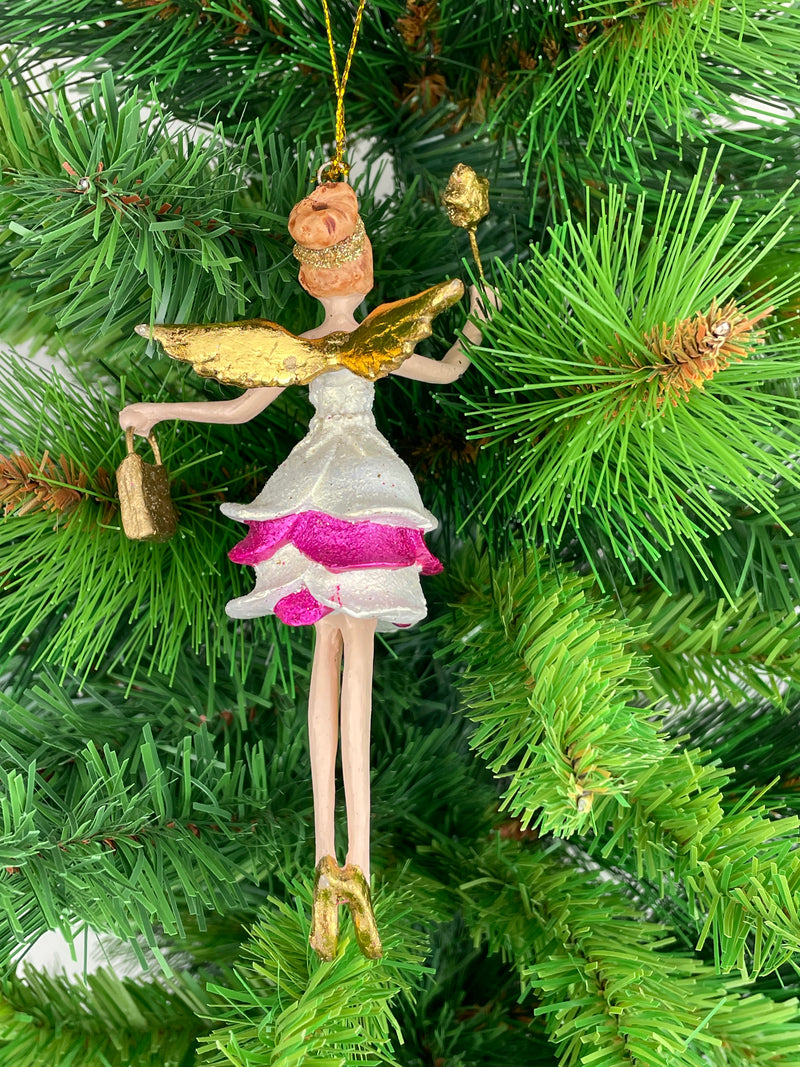 Christbaumschmuck Engel mit goldenem Stern und Tasche in einem pink-weißen Kleid 16 cm