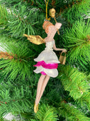 Christbaumschmuck Engel mit goldenem Stern und Tasche in einem pink-weißen Kleid 16 cm