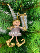 Kleiner Weihnachtsmann Elf Gabenträger Weihnachten Deko Anhänger Christbaumschmuck 13 cm Taupe Gold mit Geschenken