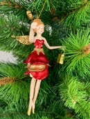 Christbaumschmuck Engel mit kurzem roten Kleid, goldener Tasche und Stern 16cm hoch Weihnachten Ornament rot-gold Anhänger