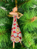 Christbaumschmuck Figur Engel mit Geige und langem Kleid in rot-gold mit Kreisen Ornament Anhänger Weihnachten Baumschmuck 16cm
