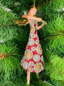 Christbaumschmuck Figur Engel mit Geige und langem Kleid in rot-gold mit Kreisen Ornament Anhänger Weihnachten Baumschmuck 16cm
