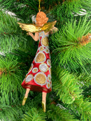 Christbaumschmuck Figur Engel mit Geige und langem Kleid in rot-gold mit Kreisen Ornament Anhänger Weihnachten Baumschmuck 16cm