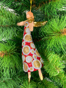 Christbaumschmuck Figur Engel mit Geige und langem Kleid in rot-gold mit Kreisen Ornament Anhänger Weihnachten Baumschmuck 16cm