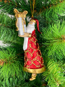 Baumschmuck Weihnachtsmann in langem rot goldenen Mantel Anhänger mit Geschenk 13,5 cm