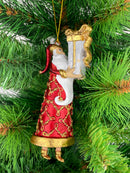 Baumschmuck Weihnachtsmann in langem rot goldenen Mantel Anhänger mit Geschenk 13,5 cm