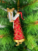 Baumschmuck Weihnachtsmann in langem rot goldenen Mantel Anhänger mit Geschenk 13,5 cm