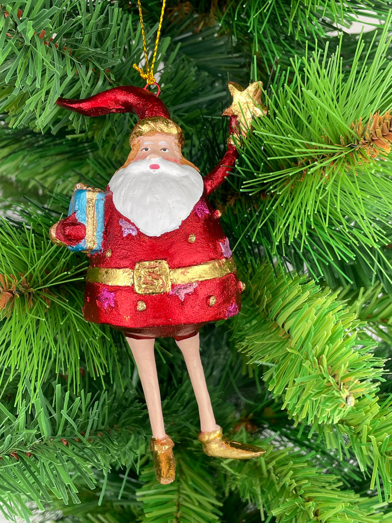Weihnachtsmann Gabenträger dick Weihnachten Baumschmuck Figur Deko Hänger Christbaumschmuck 13 cm Rot Gold mit Stern und Geschenk