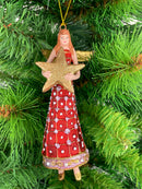 Christbaumschmuck Figur Engel rot-gold mit Stern und langem verzierten Kleid Anhänger Weihnachten Baumschmuck 13cm